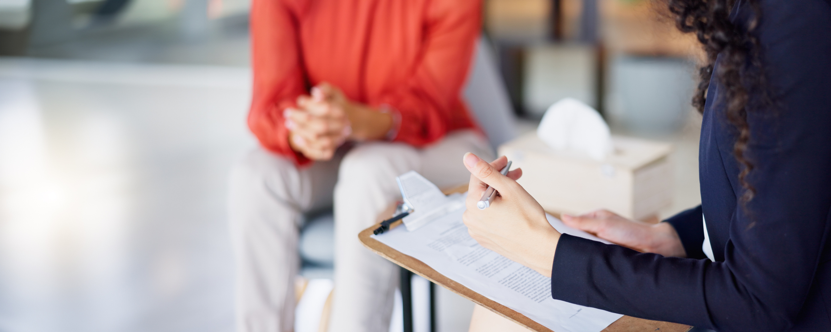 Clipboard,  and Listening with People Hands for Depression, Mental Health or Psychology Advice, Support and Evaluation. Therapist Consulting Client with Checklist for Counseling or Psychology